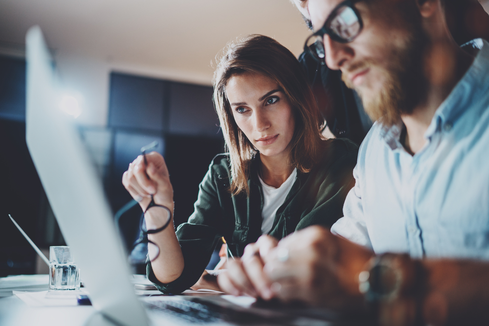 two people looking at laptop, accountants