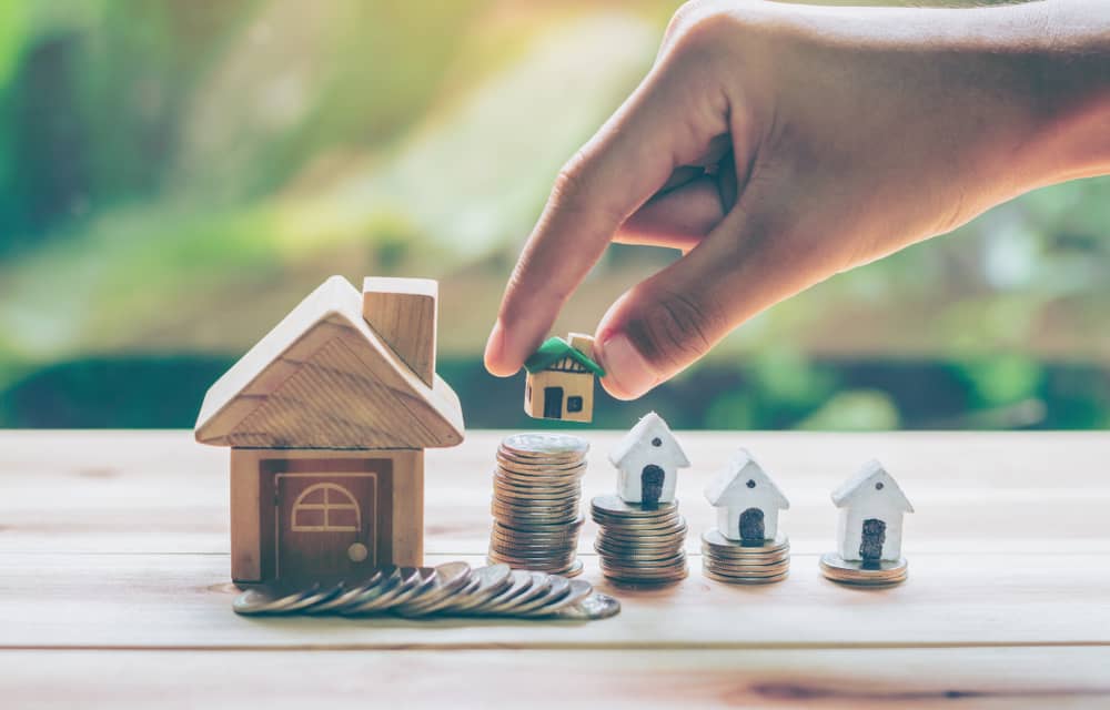 Wooden houses and coins.