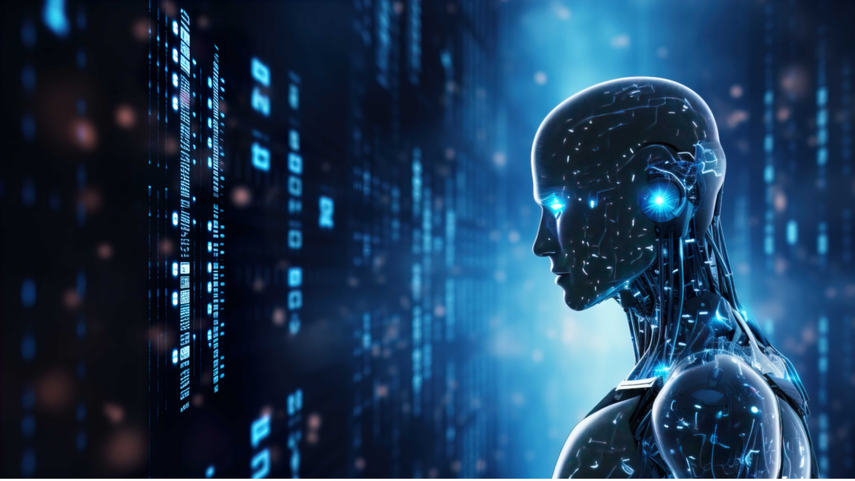 Graphic depicting a robot analysing a screenfull of data
