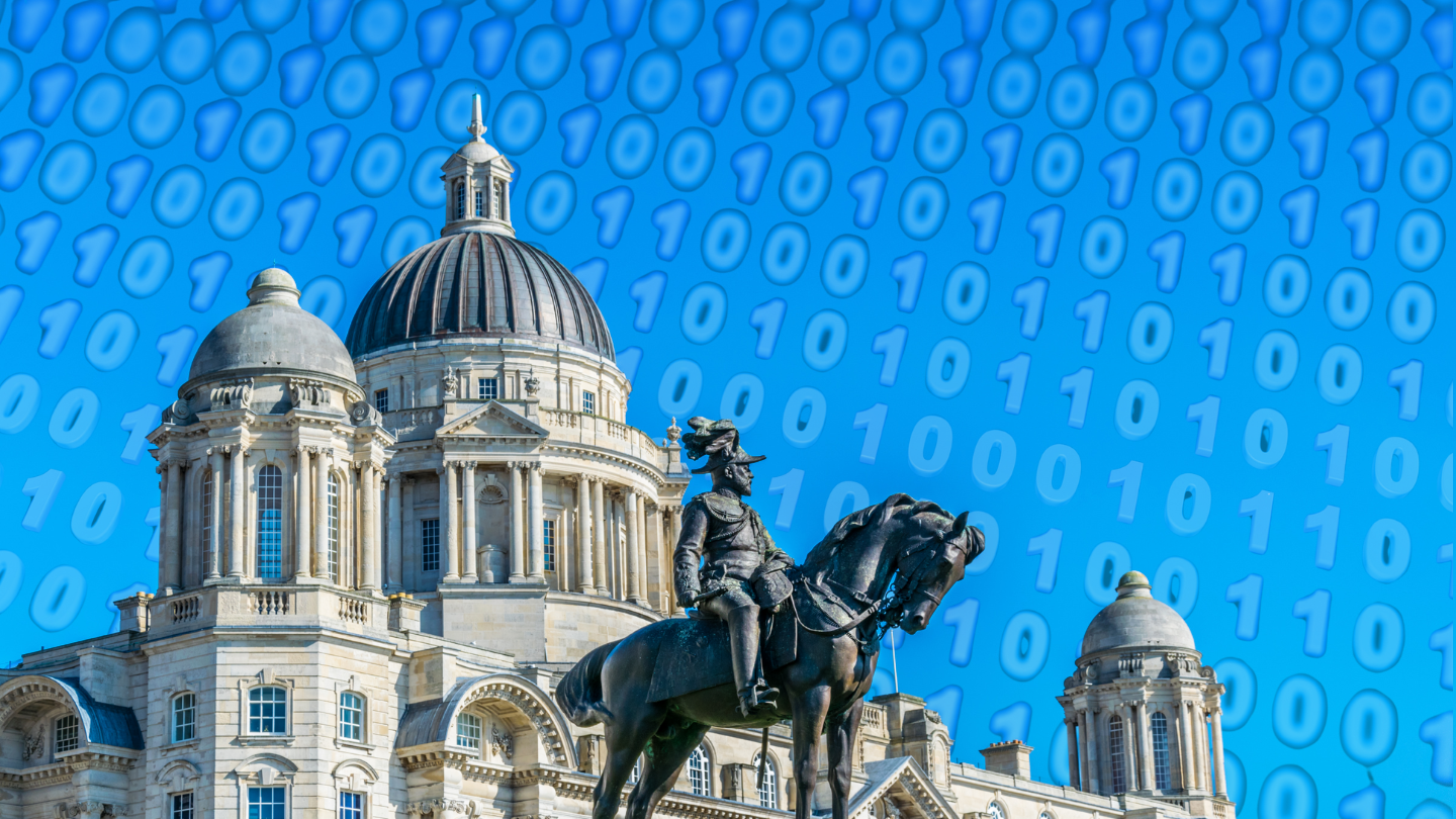 Port of Liverpool building set against a blue sky with binary code overlay