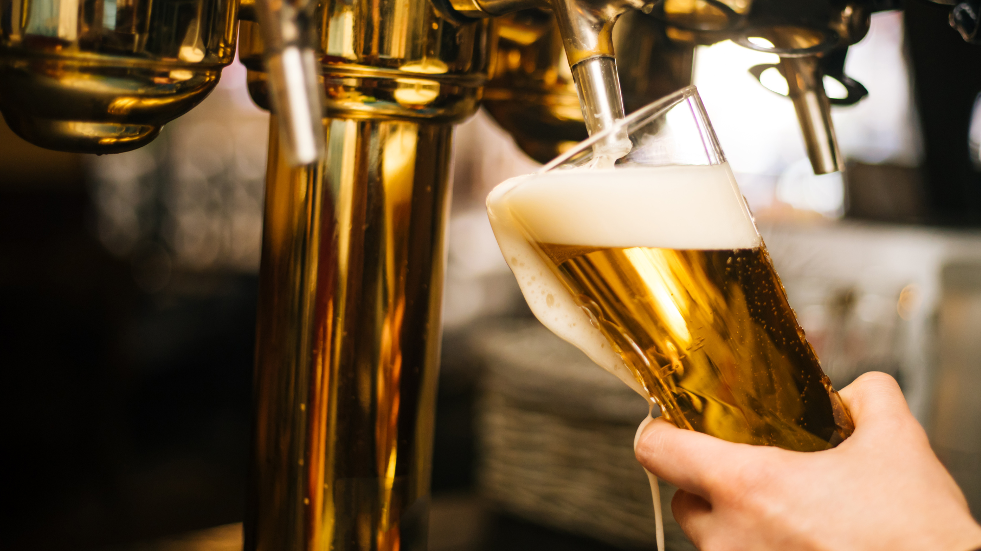 Image shows a close up of a bartender's hands pouring a pint of lager