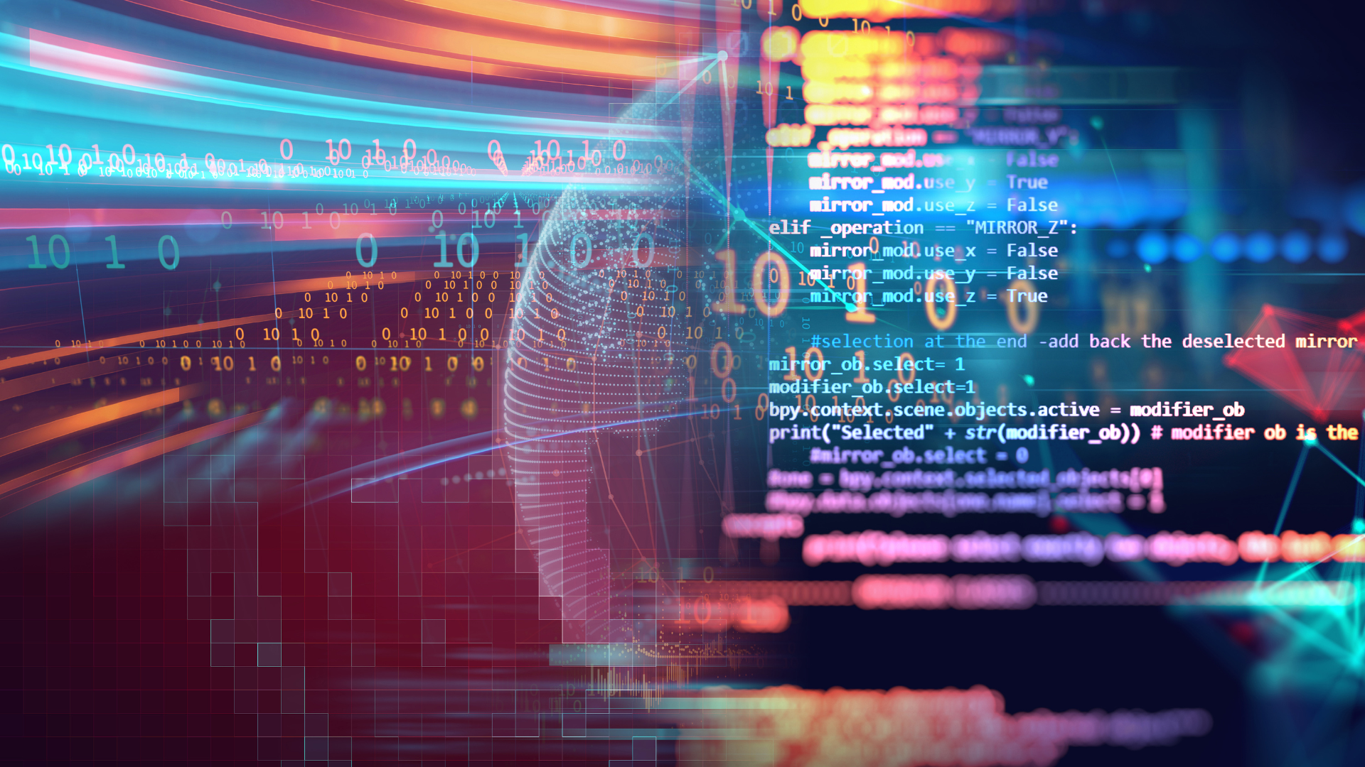 A colourful graphic depicting computer screens full of developer code